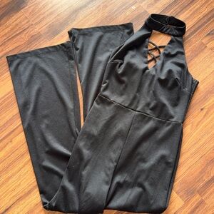 Crystal Doll Black Halter Jumpsuit with Strappy V-Neck